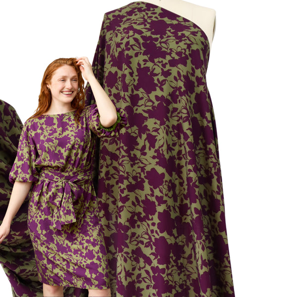 Atelier Jupe - 100% Viscose - Khaki Viscose with Purple Flowers